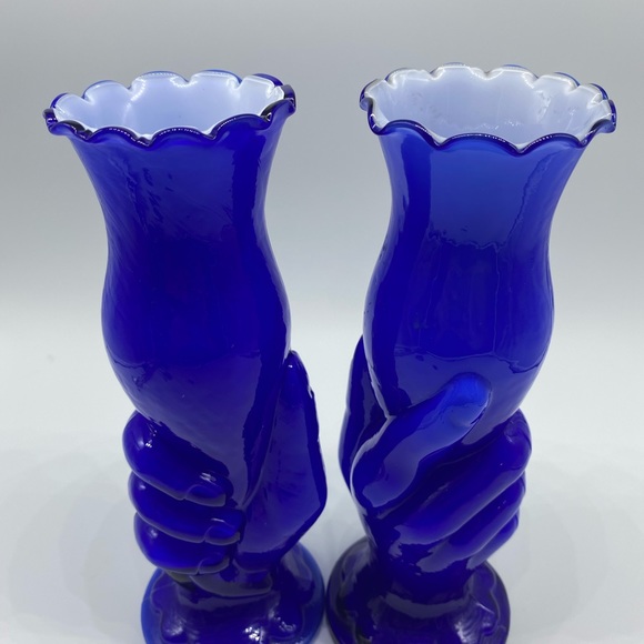 Victorian Cobalt Blue Vintage Vase Pair with Hands - Picture 2 of 5